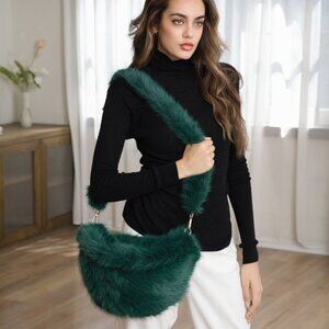 Dark Green Crecent Bag Faux Fur Crecent Crossbody Soft Fluffy
